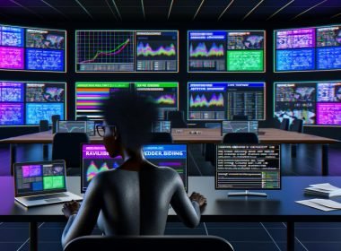 Person analysiert Dashboard mit bunten Grafiken zu Ad Revenue und Website-Traffic in einer futuristischen Redaktion, umgeben von Werbebannern und Header-Bidding-Code.