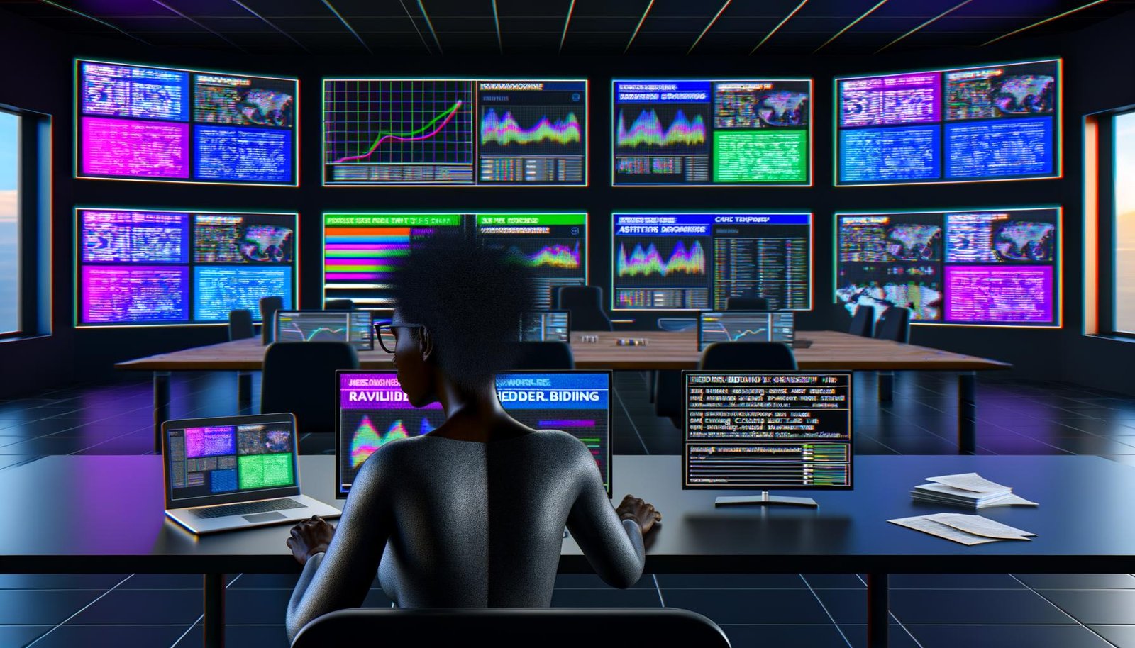 Person analysiert Dashboard mit bunten Grafiken zu Ad Revenue und Website-Traffic in einer futuristischen Redaktion, umgeben von Werbebannern und Header-Bidding-Code.