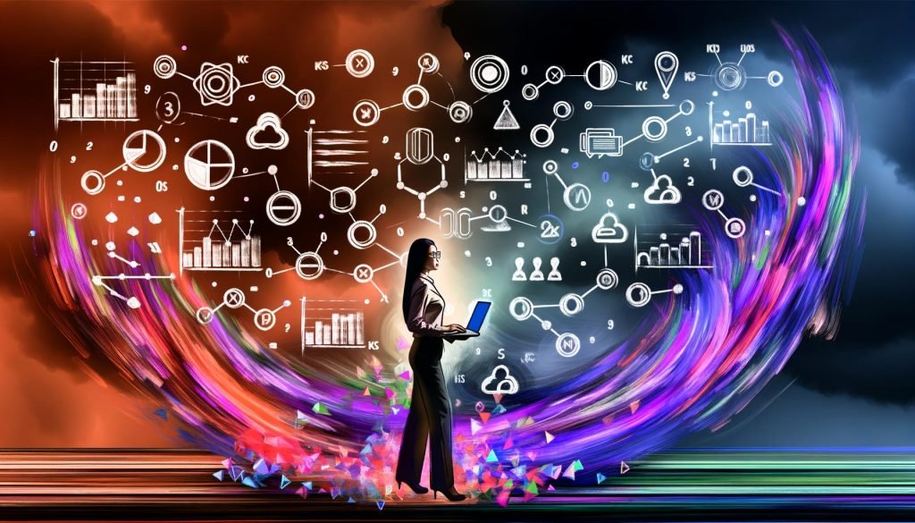 Moderne Illustration eines digitalen Marketers mit Laptop, umgeben von Datenströmen, Analysen, KPIs und Symbolen für Marketingplattformen im abstrakten, futuristischen Stil.
