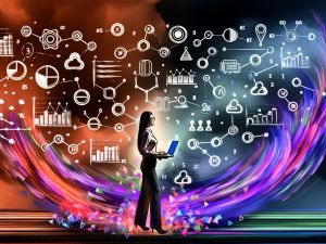 Moderne Illustration eines digitalen Marketers mit Laptop, umgeben von Datenströmen, Analysen, KPIs und Symbolen für Marketingplattformen im abstrakten, futuristischen Stil.