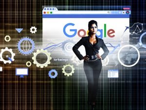 Illustration eines entschlossenen SEO-Profis vor großem Google-Suchergebnisscreen mit technischen Symbolen, Charts, Keyword-Wolken, Wachstumspfeilen und digitalen Mustern.