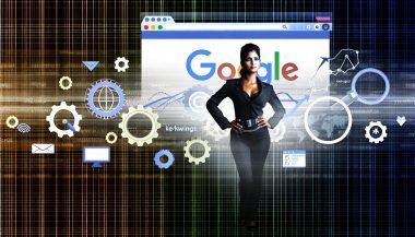 Illustration eines entschlossenen SEO-Profis vor großem Google-Suchergebnisscreen mit technischen Symbolen, Charts, Keyword-Wolken, Wachstumspfeilen und digitalen Mustern.