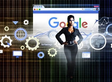 Illustration eines entschlossenen SEO-Profis vor großem Google-Suchergebnisscreen mit technischen Symbolen, Charts, Keyword-Wolken, Wachstumspfeilen und digitalen Mustern.
