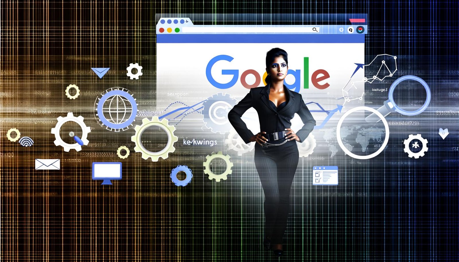 Illustration eines entschlossenen SEO-Profis vor großem Google-Suchergebnisscreen mit technischen Symbolen, Charts, Keyword-Wolken, Wachstumspfeilen und digitalen Mustern.