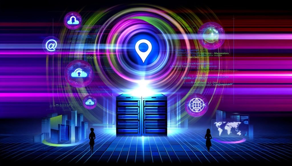 Leuchtender Serverraum mit holographischem Yahoo-Gemini-Logo, umringt von abstrahierten Datenströmen und Marketers an digitalen Dashboards, vor moderner Web-Landschaft.