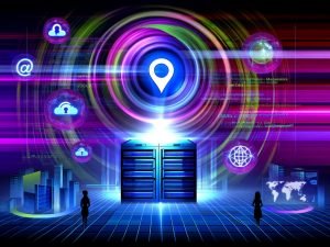 Leuchtender Serverraum mit holographischem Yahoo-Gemini-Logo, umringt von abstrahierten Datenströmen und Marketers an digitalen Dashboards, vor moderner Web-Landschaft.
