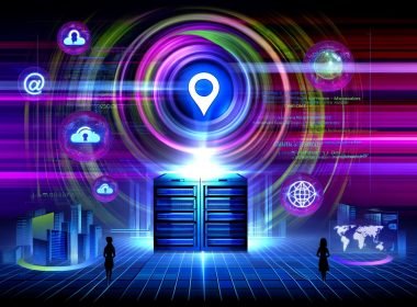 Leuchtender Serverraum mit holographischem Yahoo-Gemini-Logo, umringt von abstrahierten Datenströmen und Marketers an digitalen Dashboards, vor moderner Web-Landschaft.