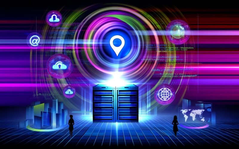 Leuchtender Serverraum mit holographischem Yahoo-Gemini-Logo, umringt von abstrahierten Datenströmen und Marketers an digitalen Dashboards, vor moderner Web-Landschaft.