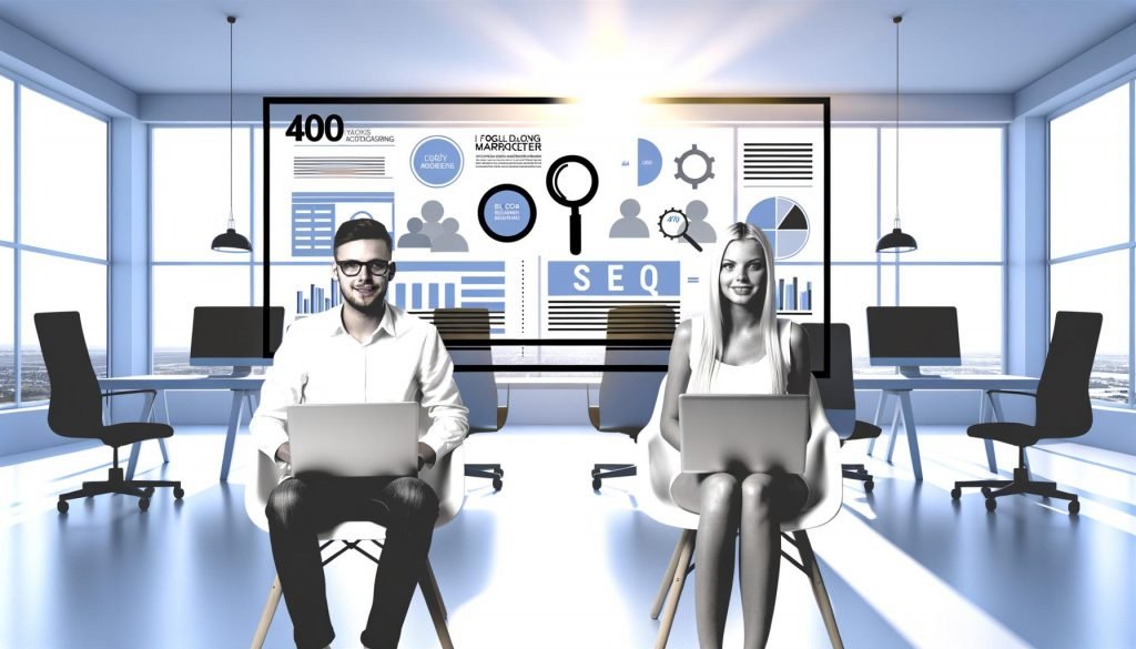 Modernes Magazin-Cover zeigt selbstbewusste Marketer vor Laptops in stylischem Büro mit großflächigen Blog- und SEO-Dashboards und überblendeten Trend-Icons.