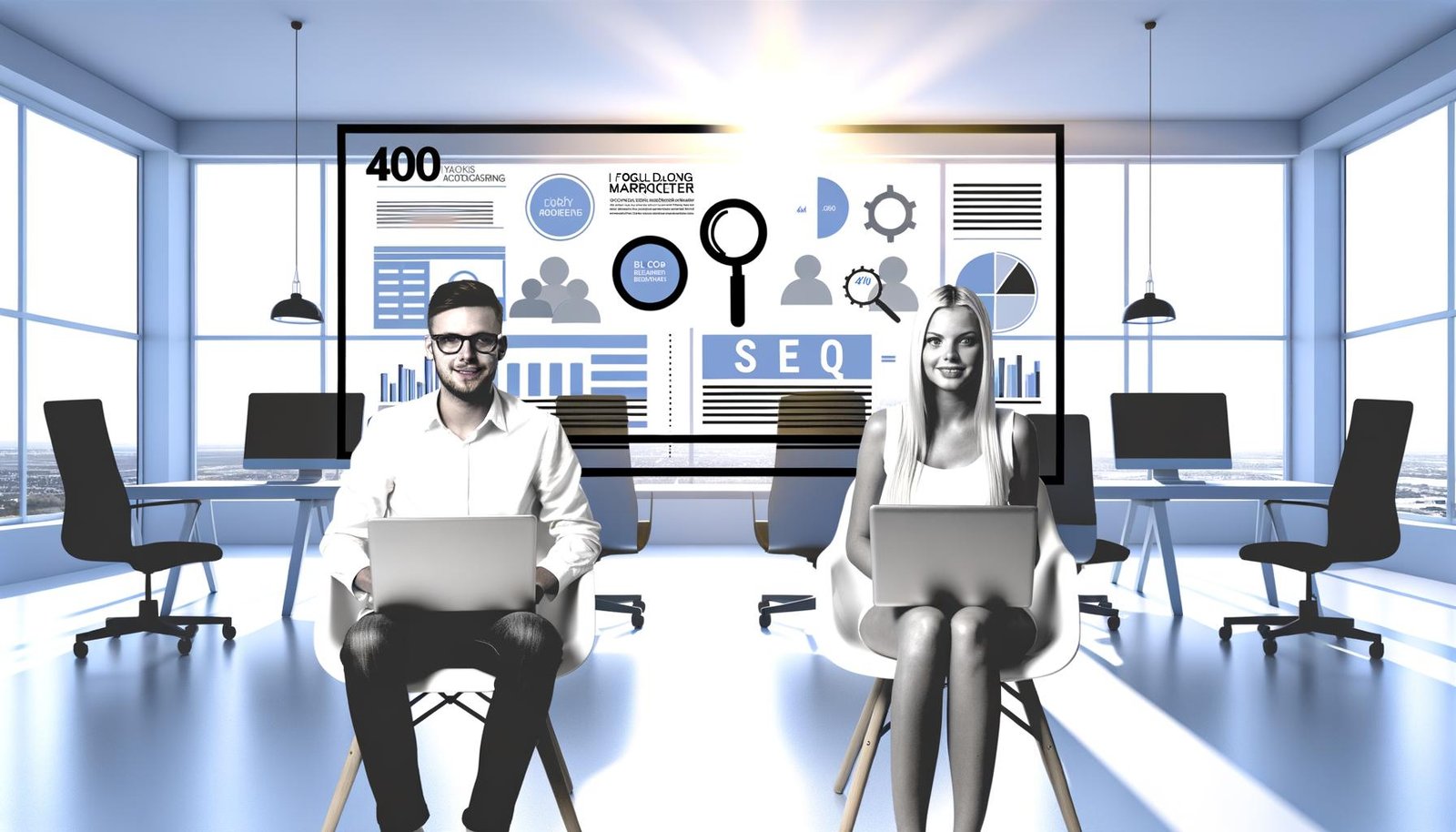 Modernes Magazin-Cover zeigt selbstbewusste Marketer vor Laptops in stylischem Büro mit großflächigen Blog- und SEO-Dashboards und überblendeten Trend-Icons.
