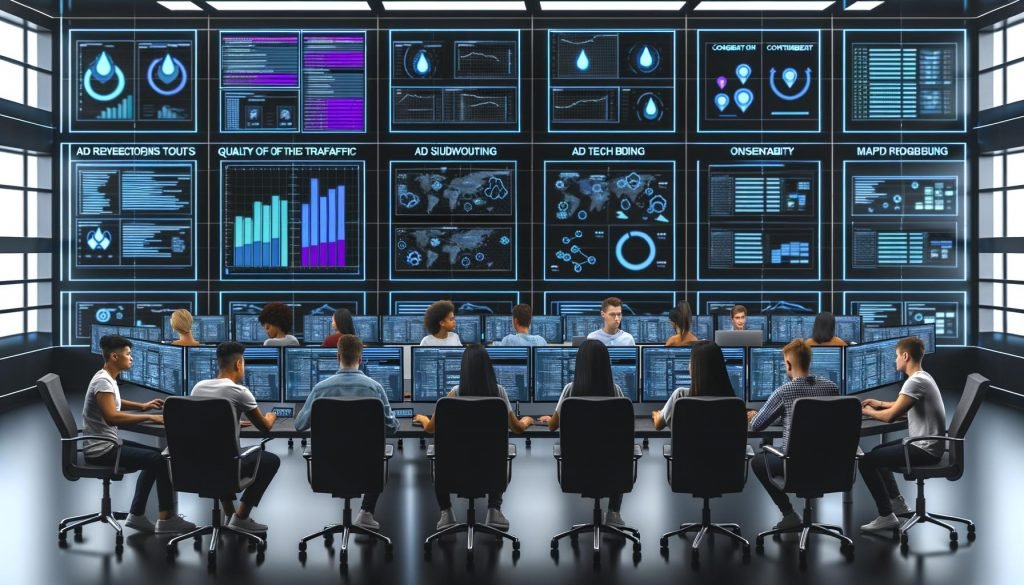Dynamischer Kontrollraum mit digitalen Dashboards, auf denen Ad-Revenue-Statistiken, Traffic-Qualität und Viewability-Heatmaps angezeigt werden. Mehrere Fachleute optimieren Werbeplatzierungen auf Bildschirmen, Tablets und Laptops.