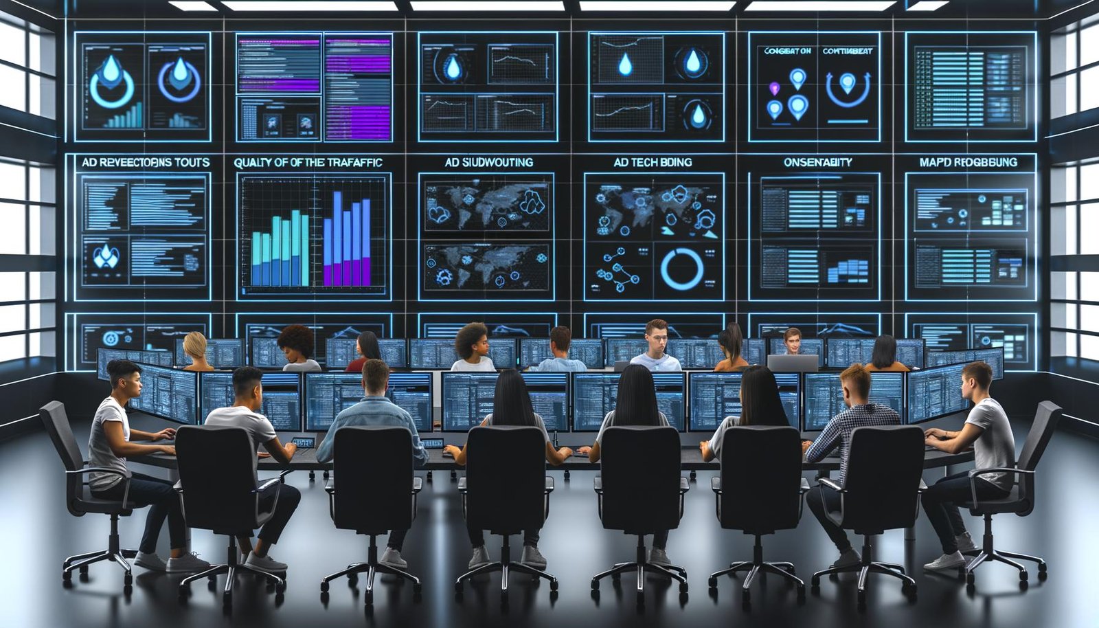 Dynamischer Kontrollraum mit digitalen Dashboards, auf denen Ad-Revenue-Statistiken, Traffic-Qualität und Viewability-Heatmaps angezeigt werden. Mehrere Fachleute optimieren Werbeplatzierungen auf Bildschirmen, Tablets und Laptops.