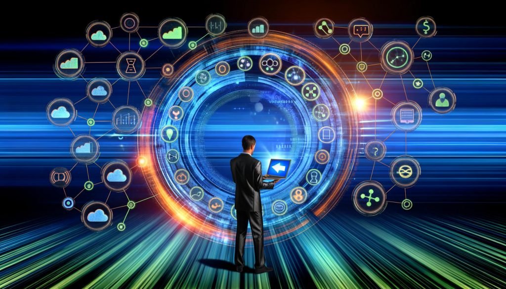 Stilisiertes Titelbild mit vernetzten Datenströmen zwischen Geräten, Tracking-Tool-Icons und einer Person im Cockpit vor digitalem Hintergrund in kühlen Blautönen mit orange-grünen Akzenten.