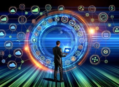 Stilisiertes Titelbild mit vernetzten Datenströmen zwischen Geräten, Tracking-Tool-Icons und einer Person im Cockpit vor digitalem Hintergrund in kühlen Blautönen mit orange-grünen Akzenten.