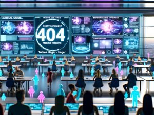 High-Tech Marketing-Kontrollraum mit Hologrammen, vielfältigen Marketern und schwebenden 3D-Anzeigenmodellen vor digitalen Dashboards.