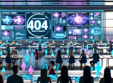 High-Tech Marketing-Kontrollraum mit Hologrammen, vielfältigen Marketern und schwebenden 3D-Anzeigenmodellen vor digitalen Dashboards.