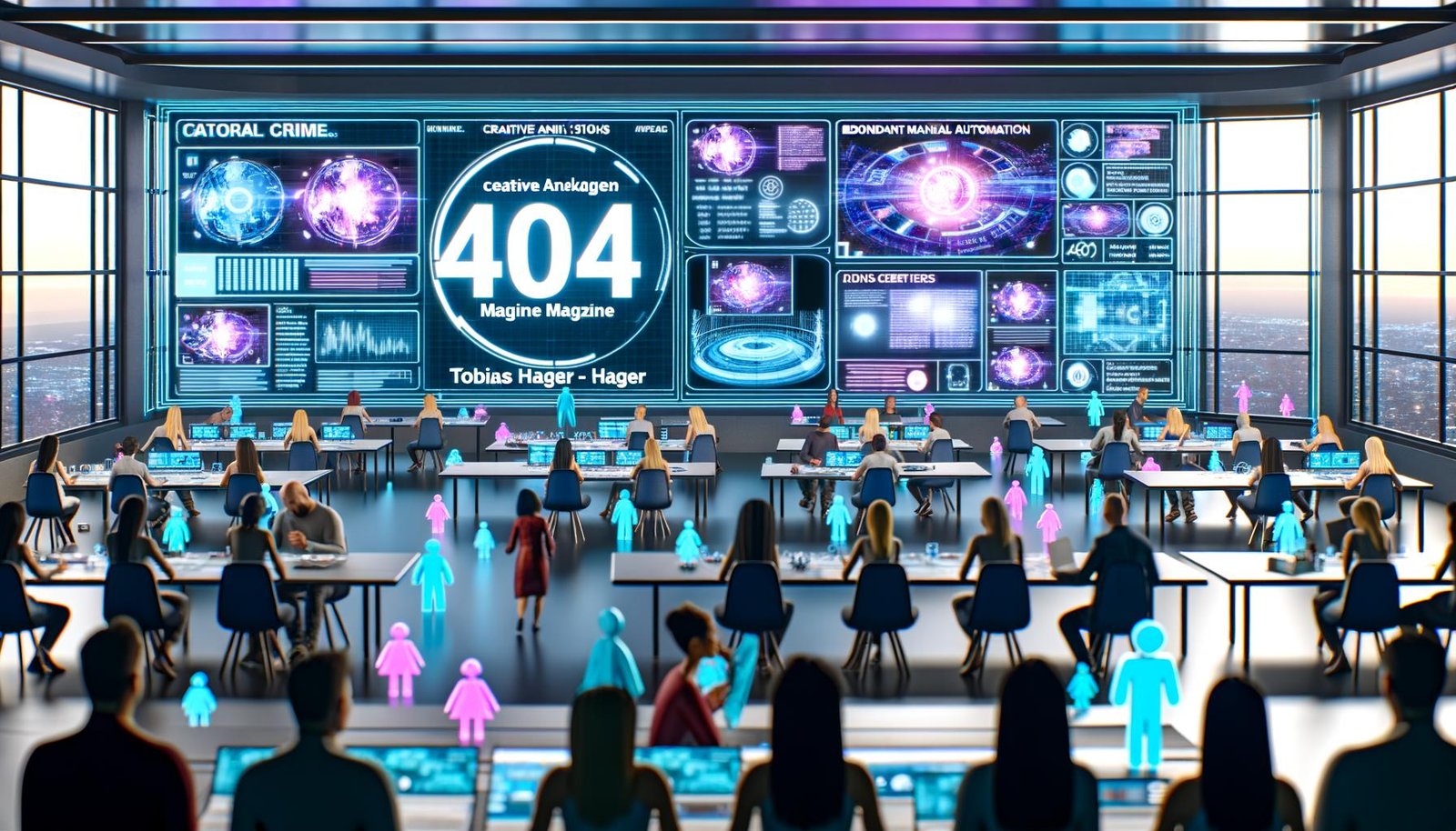 High-Tech Marketing-Kontrollraum mit Hologrammen, vielfältigen Marketern und schwebenden 3D-Anzeigenmodellen vor digitalen Dashboards.