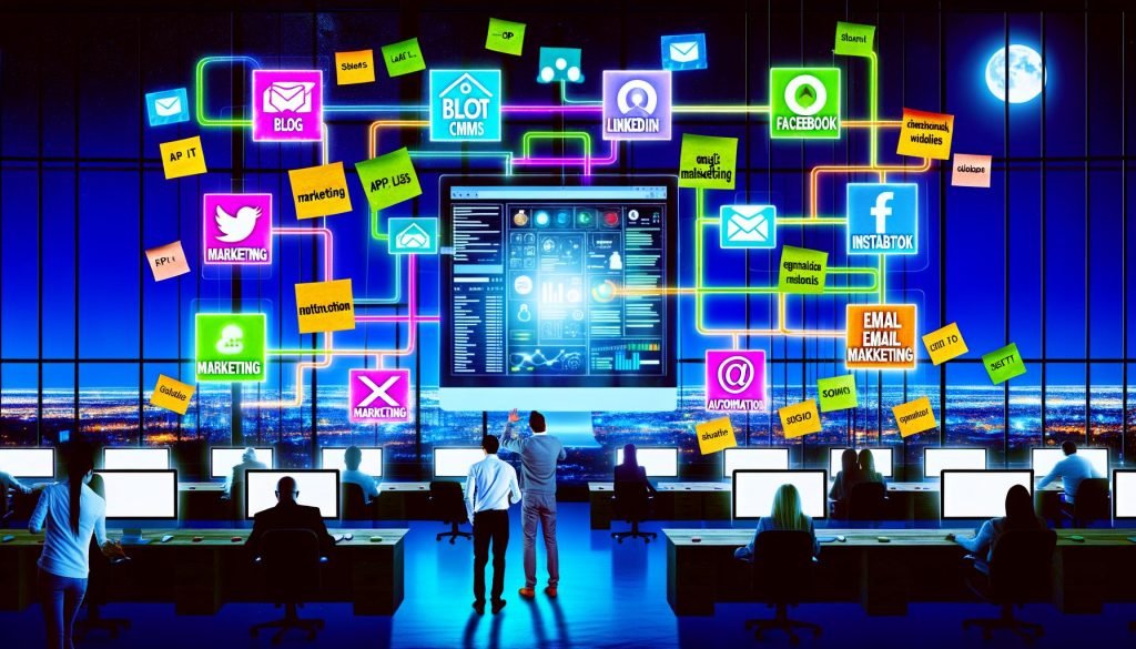 Stylisierte digitale Zeichnung eines modernen Nachtbüros mit großem CMS-Dashboard, vernetzten Datenströmen zu Social Media, SEO, E-Mail-Marketing und Analytics sowie kooperierenden Marketing- und IT-Teams, eingefasst von abgetrennten alten Computern als Symbol für verlassene Silo-Inseln.