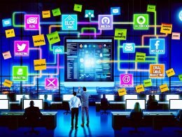 Stylisierte digitale Zeichnung eines modernen Nachtbüros mit großem CMS-Dashboard, vernetzten Datenströmen zu Social Media, SEO, E-Mail-Marketing und Analytics sowie kooperierenden Marketing- und IT-Teams, eingefasst von abgetrennten alten Computern als Symbol für verlassene Silo-Inseln.