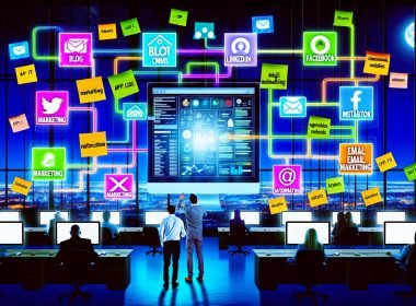 Stylisierte digitale Zeichnung eines modernen Nachtbüros mit großem CMS-Dashboard, vernetzten Datenströmen zu Social Media, SEO, E-Mail-Marketing und Analytics sowie kooperierenden Marketing- und IT-Teams, eingefasst von abgetrennten alten Computern als Symbol für verlassene Silo-Inseln.