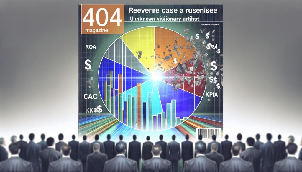 Modernes Business-Magazin-Titelbild mit digitalem Revenue Case, zentral großer Bildschirm mit KPI-Diagrammen, im Hintergrund Skeptiker in Anzügen und zerbröckelnde Dollar-Symbole.