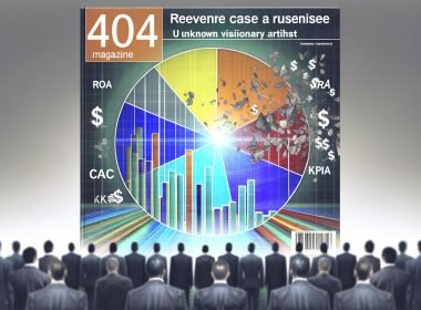 Modernes Business-Magazin-Titelbild mit digitalem Revenue Case, zentral großer Bildschirm mit KPI-Diagrammen, im Hintergrund Skeptiker in Anzügen und zerbröckelnde Dollar-Symbole.