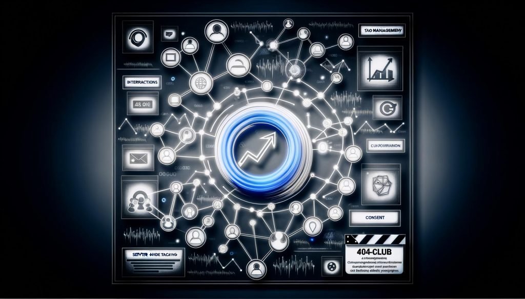 Modernes Titelbild einer schematischen Website-Architektur mit vernetzten Datenpunkten, organischen Datenströmen und Icons für Analytics, Tag-Management, Datenschutz sowie serverseitiges Tracking im dunklen Farbschema.