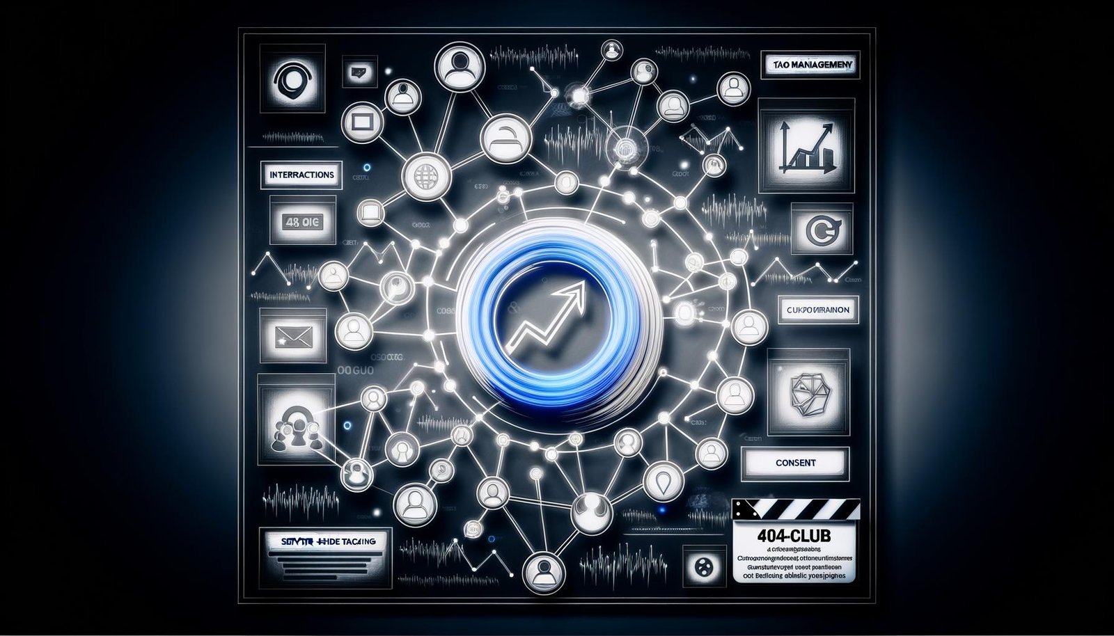 Modernes Titelbild einer schematischen Website-Architektur mit vernetzten Datenpunkten, organischen Datenströmen und Icons für Analytics, Tag-Management, Datenschutz sowie serverseitiges Tracking im dunklen Farbschema.