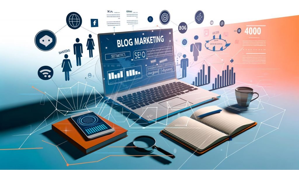 Modern gestaltetes Titelbild mit offenem Laptop voller Blog Marketing Statistiken, SEO-Diagrammen und Checklisten, daneben Social Icons, Notizbuch und Kaffeebecher. Im Hintergrund schemenhafte Figuren, im Vordergrund digitale Symbole wie Graphen, Suchlupe und subtile 404-Anspielung.