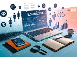 Modern gestaltetes Titelbild mit offenem Laptop voller Blog Marketing Statistiken, SEO-Diagrammen und Checklisten, daneben Social Icons, Notizbuch und Kaffeebecher. Im Hintergrund schemenhafte Figuren, im Vordergrund digitale Symbole wie Graphen, Suchlupe und subtile 404-Anspielung.