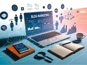 Modern gestaltetes Titelbild mit offenem Laptop voller Blog Marketing Statistiken, SEO-Diagrammen und Checklisten, daneben Social Icons, Notizbuch und Kaffeebecher. Im Hintergrund schemenhafte Figuren, im Vordergrund digitale Symbole wie Graphen, Suchlupe und subtile 404-Anspielung.