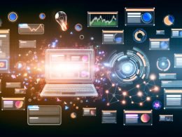Modernes Yahoo Gemini Dashboard auf einem Laptop mit schwebenden Bannern, modularen Mockups, Echtzeit-Diagrammen und Machine-Learning-Kreisen in farbintensiver, technischer Optik.