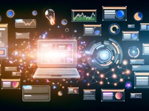 Modernes Yahoo Gemini Dashboard auf einem Laptop mit schwebenden Bannern, modularen Mockups, Echtzeit-Diagrammen und Machine-Learning-Kreisen in farbintensiver, technischer Optik.