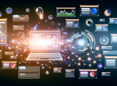 Modernes Yahoo Gemini Dashboard auf einem Laptop mit schwebenden Bannern, modularen Mockups, Echtzeit-Diagrammen und Machine-Learning-Kreisen in farbintensiver, technischer Optik.