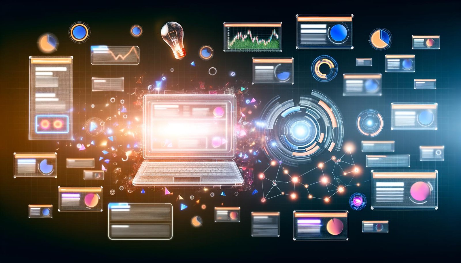 Modernes Yahoo Gemini Dashboard auf einem Laptop mit schwebenden Bannern, modularen Mockups, Echtzeit-Diagrammen und Machine-Learning-Kreisen in farbintensiver, technischer Optik.