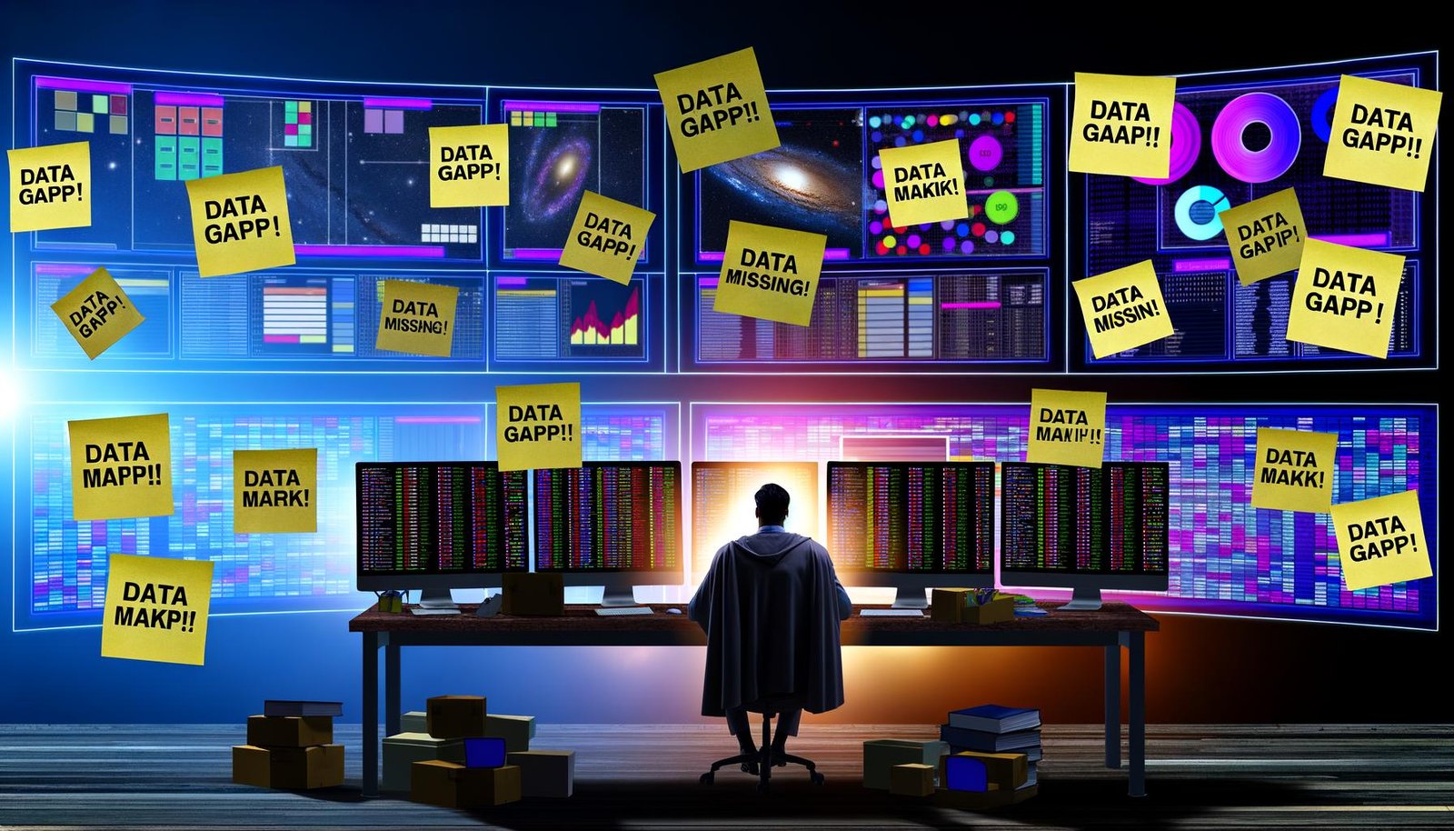 Erschöpfter Marketer im dunklen Büro vor mehreren Monitoren mit chaotischen Dashboards, Post-its mit Fehlermeldungen, bunte Tool-Icons mit Warnsymbolen im Hintergrund und zentrale Checkliste als Rettungsanker.