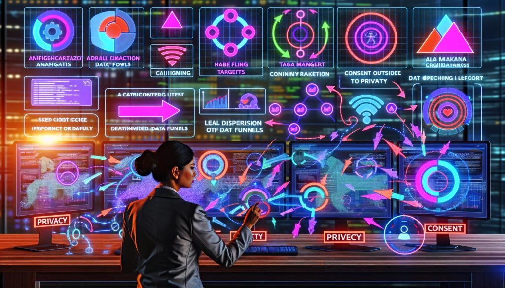 Digitales Büro mit mehreren Monitoren, auf denen Analytics-Dashboards, Tag-Manager und Code-Editoren zu sehen sind. Ein Marketingprofi kontrolliert sorgfältig Datenflüsse und Tags, dazu grafische Symbole für Zielgenauigkeit, Datenfunnels und Datenschutz.