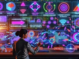 Digitales Büro mit mehreren Monitoren, auf denen Analytics-Dashboards, Tag-Manager und Code-Editoren zu sehen sind. Ein Marketingprofi kontrolliert sorgfältig Datenflüsse und Tags, dazu grafische Symbole für Zielgenauigkeit, Datenfunnels und Datenschutz.