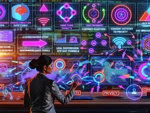 Digitales Büro mit mehreren Monitoren, auf denen Analytics-Dashboards, Tag-Manager und Code-Editoren zu sehen sind. Ein Marketingprofi kontrolliert sorgfältig Datenflüsse und Tags, dazu grafische Symbole für Zielgenauigkeit, Datenfunnels und Datenschutz.