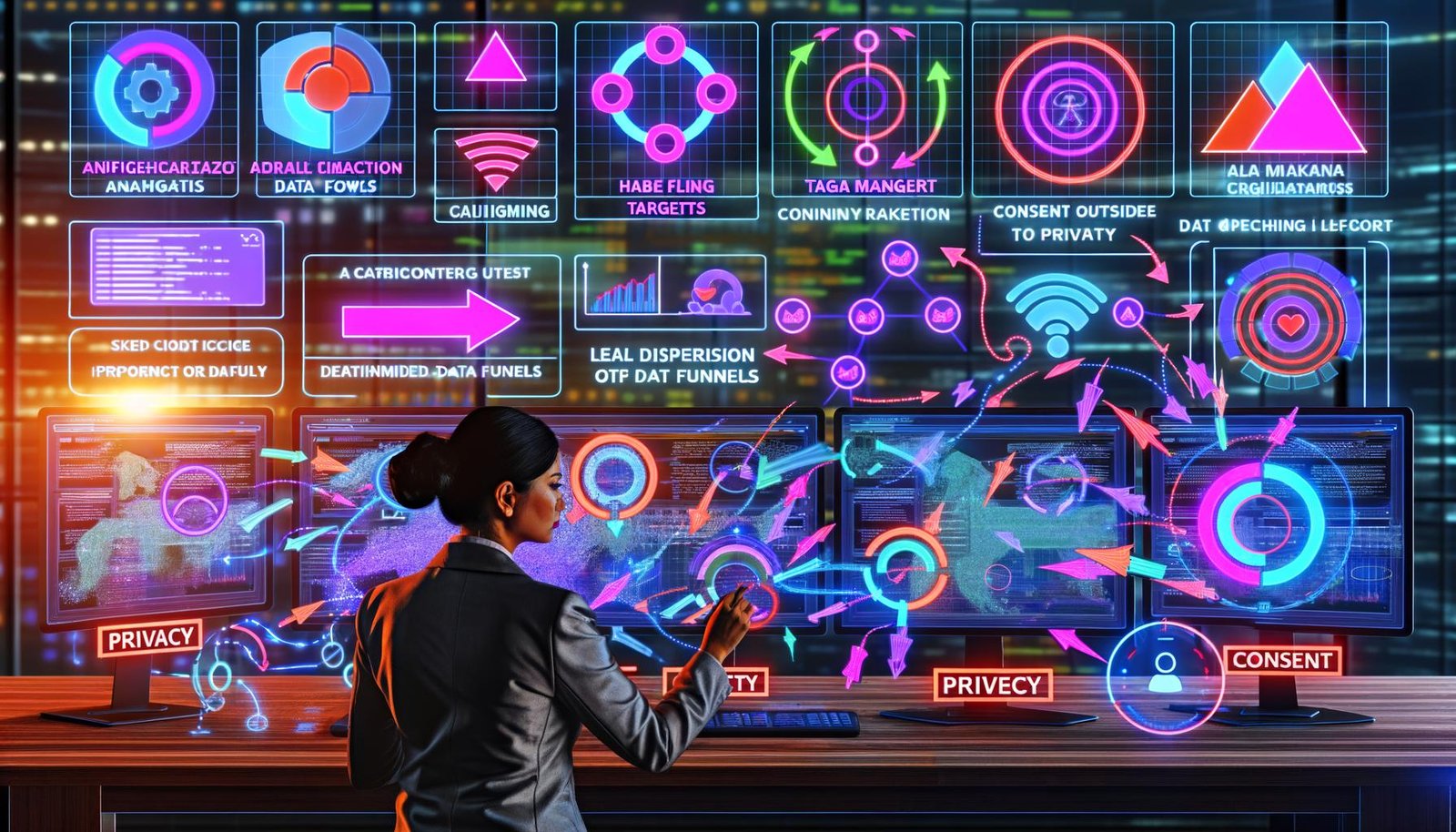 Digitales Büro mit mehreren Monitoren, auf denen Analytics-Dashboards, Tag-Manager und Code-Editoren zu sehen sind. Ein Marketingprofi kontrolliert sorgfältig Datenflüsse und Tags, dazu grafische Symbole für Zielgenauigkeit, Datenfunnels und Datenschutz.