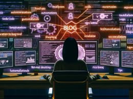 Blogger an mehreren Monitoren mit Analysen, SEO-Tools und Social-Media-Kanälen in einem High-Tech-Setting, Symbolbild für modernes Blog Marketing 2025