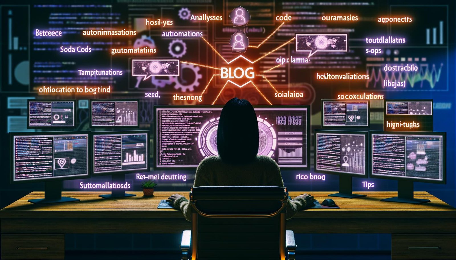 Blogger an mehreren Monitoren mit Analysen, SEO-Tools und Social-Media-Kanälen in einem High-Tech-Setting, Symbolbild für modernes Blog Marketing 2025