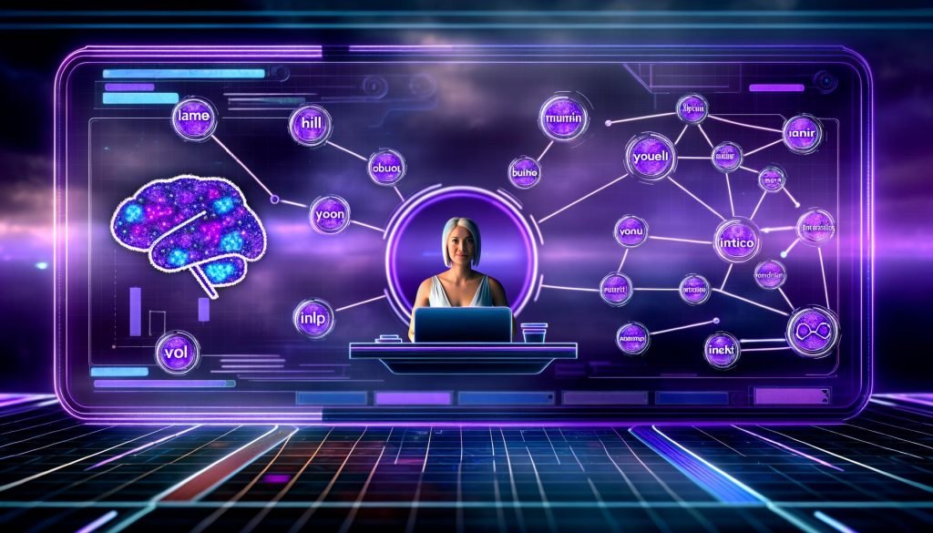 Futuristisches Kontrollzentrum mit Marketer, holografischen Keyword-Clouds, Conversion-Charts und Yahoo Gemini Logo, flankiert von KI- und Machine-Learning-Icons.