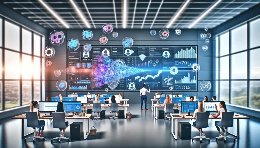 Dynamisches Marketing-Team in modernem Büro nutzt leistungsstarke Daten-Dashboards, KI-Algorithmen und holografische Datenintegration an High-Tech-Workstations.