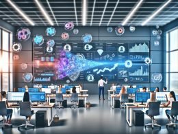 Dynamisches Marketing-Team in modernem Büro nutzt leistungsstarke Daten-Dashboards, KI-Algorithmen und holografische Datenintegration an High-Tech-Workstations.