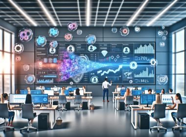 Dynamisches Marketing-Team in modernem Büro nutzt leistungsstarke Daten-Dashboards, KI-Algorithmen und holografische Datenintegration an High-Tech-Workstations.