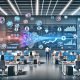 Dynamisches Marketing-Team in modernem Büro nutzt leistungsstarke Daten-Dashboards, KI-Algorithmen und holografische Datenintegration an High-Tech-Workstations.
