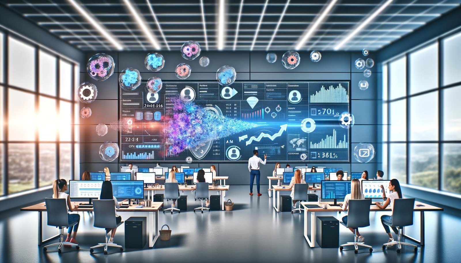 Dynamisches Marketing-Team in modernem Büro nutzt leistungsstarke Daten-Dashboards, KI-Algorithmen und holografische Datenintegration an High-Tech-Workstations.