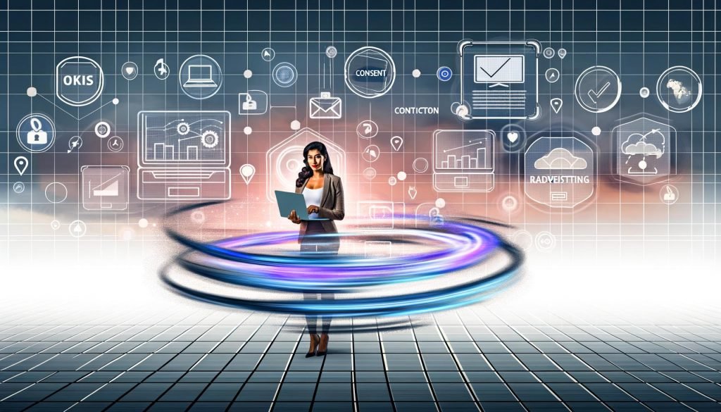 Marketing-Profi mit Clipboard vor Laptop, umgeben von abstrahierten Datenströmen, Consent-Fenstern, Tracking-Pixeln, Diagrammen und digitalen Geräten in einem futuristischen Office.