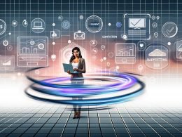 Marketing-Profi mit Clipboard vor Laptop, umgeben von abstrahierten Datenströmen, Consent-Fenstern, Tracking-Pixeln, Diagrammen und digitalen Geräten in einem futuristischen Office.